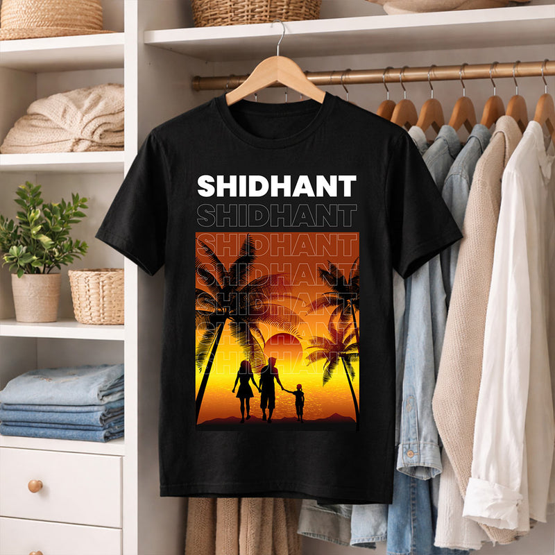 Personalized Sunset Family Silhouette Black T-Shirt – Custom Name Printed | Love Craft Gifts