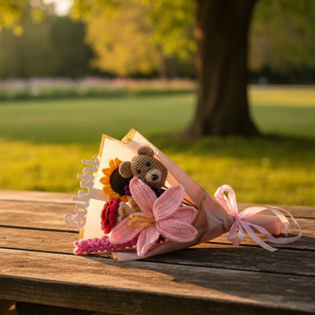Personalized Teddy Rose Crochet Bouquet – Handmade Forever Flower Gift | Love Craft Gifts