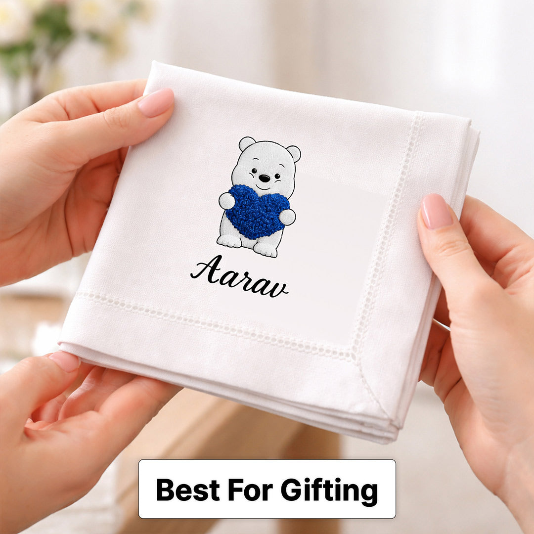 Personalized Baby Name Handkerchief with Teddy Design – Custom Soft Cotton Hanky Gift (Set of 1) | Love Craft Gifts