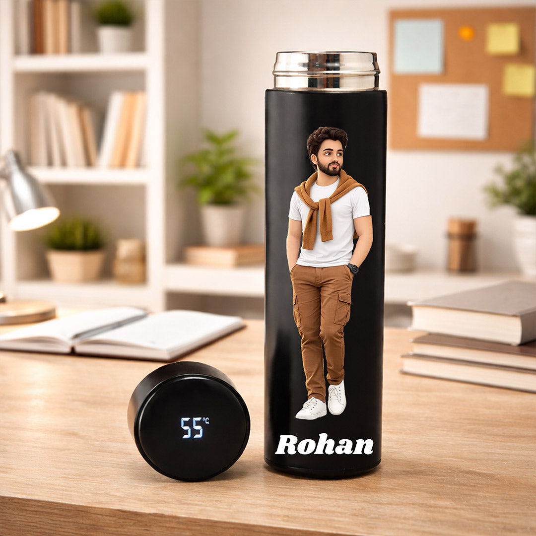 Personalized Temperature Display Water Bottle (500ml, Matte Black) Custom Photo & Name Smart Bottle Gift for Boys, Husband & Friends | Love Craft Gifts