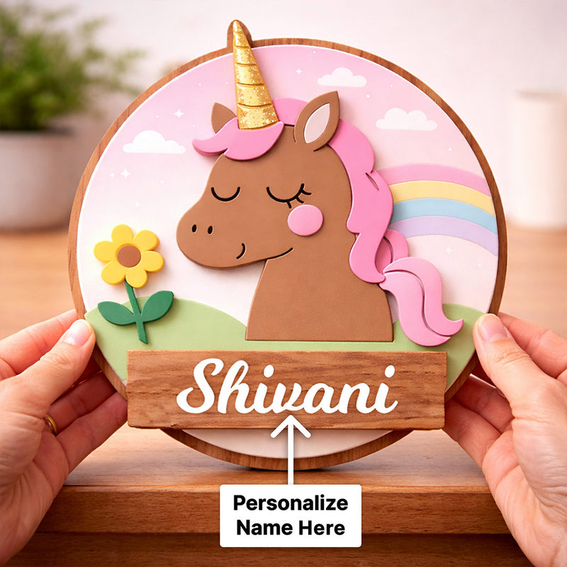 Personalized Kids Unicorn Name Wooden Door Sign Cute Cartoon Wall Decor 10x10" | Love Craft Gifts