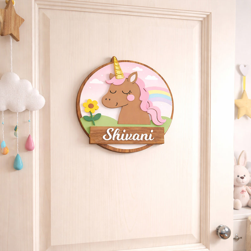 Personalized Kids Unicorn Name Wooden Door Sign Cute Cartoon Wall Decor 10x10" | Love Craft Gifts