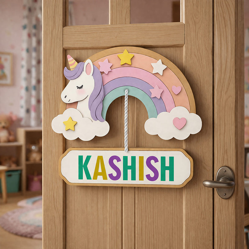 Personalized Unicorn Rainbow Name Wooden Hanging Wall Décor (9x8 Inch) | Love Craft Gifts