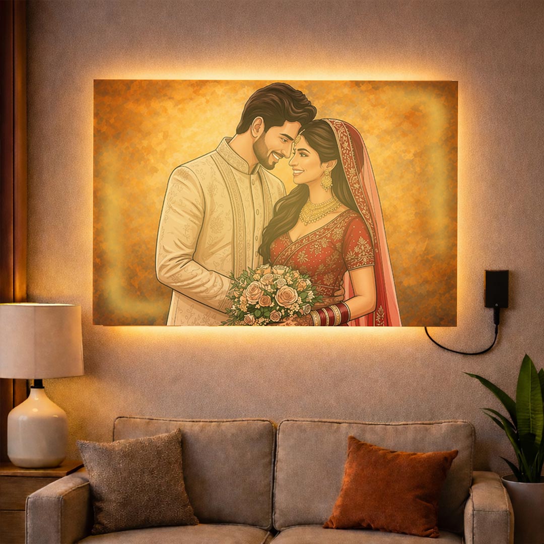 Personalized LED Acrylic Wedding Couple Cartoon Wall Frame with Warm Light (24x36 Inch) Custom Photo Wall Décor Gift | Love Craft Gifts