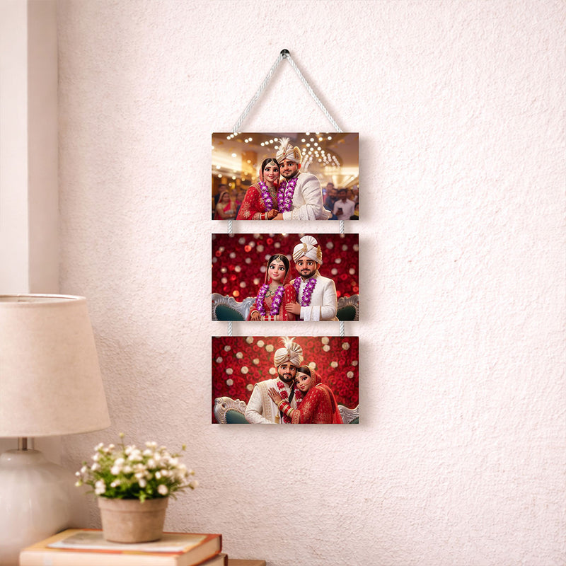 Personalized Wedding Photo Collage Hanging Frame – Custom 3 Photo Wall Décor (14x6 Inch) | Love Craft Gifts