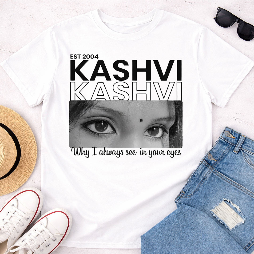 Personalized Name & Eye Photo Print White T-Shirt – Unisex Custom Wear | Love Craft Gifts