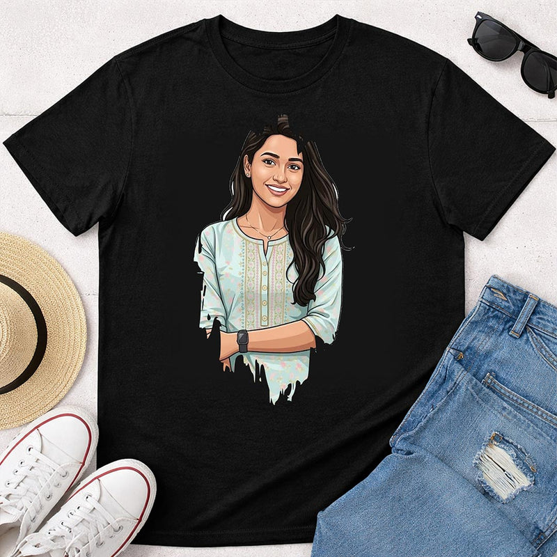 Personalized Drip Style Photo T-Shirt for Women – Custom Portrait Printed Black Tee (240–260 GSM) | Love Craft Gifts