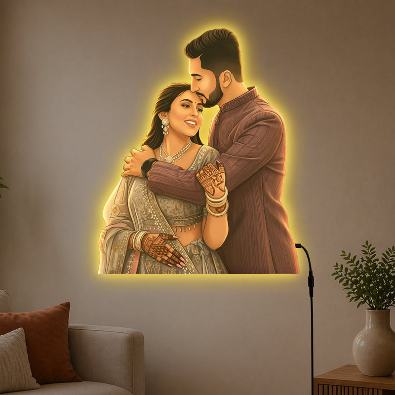 Personalized AI Cartoon Wooden 3D LED Photo Cutout Gift for Couple (14 x 24 Inch) – Custom Wedding Photo LED Lamp for Anniversary, Bride & Groom Gifts | Love Craft Gifts™