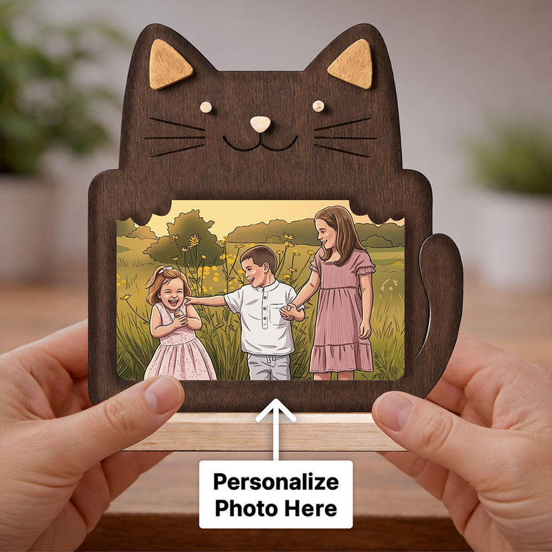 Personalized Wooden Cat Photo Frame Stand with Custom Cartoon Photo Print (6x6 Inch) Cute Cat Design Table Top Frame Gift for Kids, Family & Friends | Love Craft Gifts