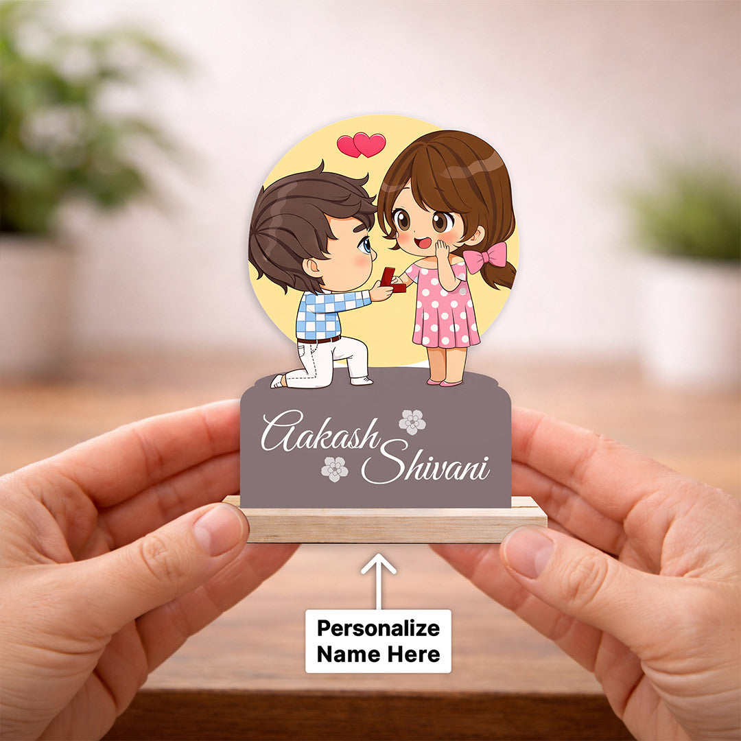 Personalized Couple Proposal Cartoon Wooden Cutout Table Stand – Custom Name Romantic Desk Décor (6x8 Inch) | Love Craft Gifts