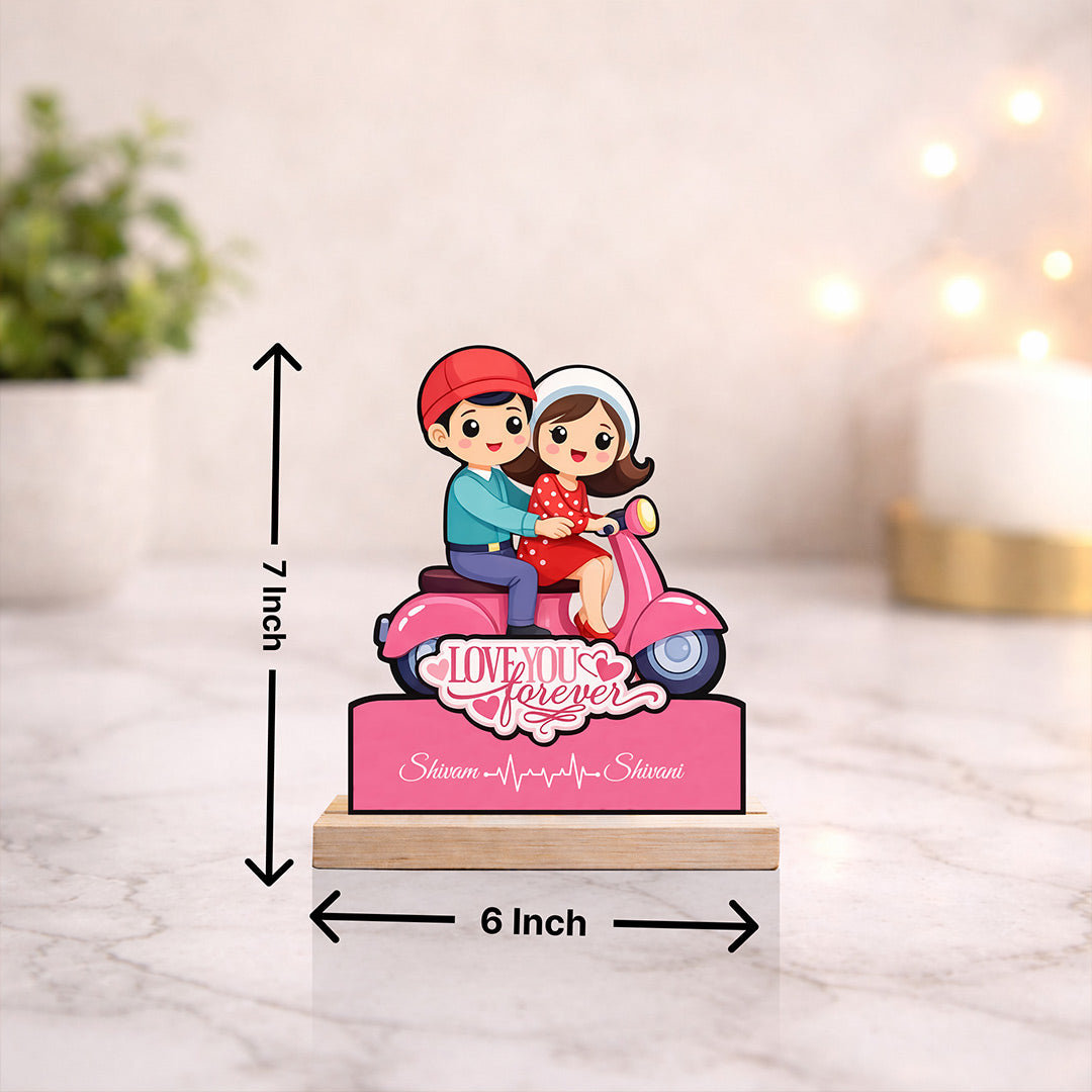 Personalized Couple Scooter Cartoon Wooden Cutout Table Stand – Custom Name Romantic Gift Décor (6x7 Inch) | Love Craft Gifts