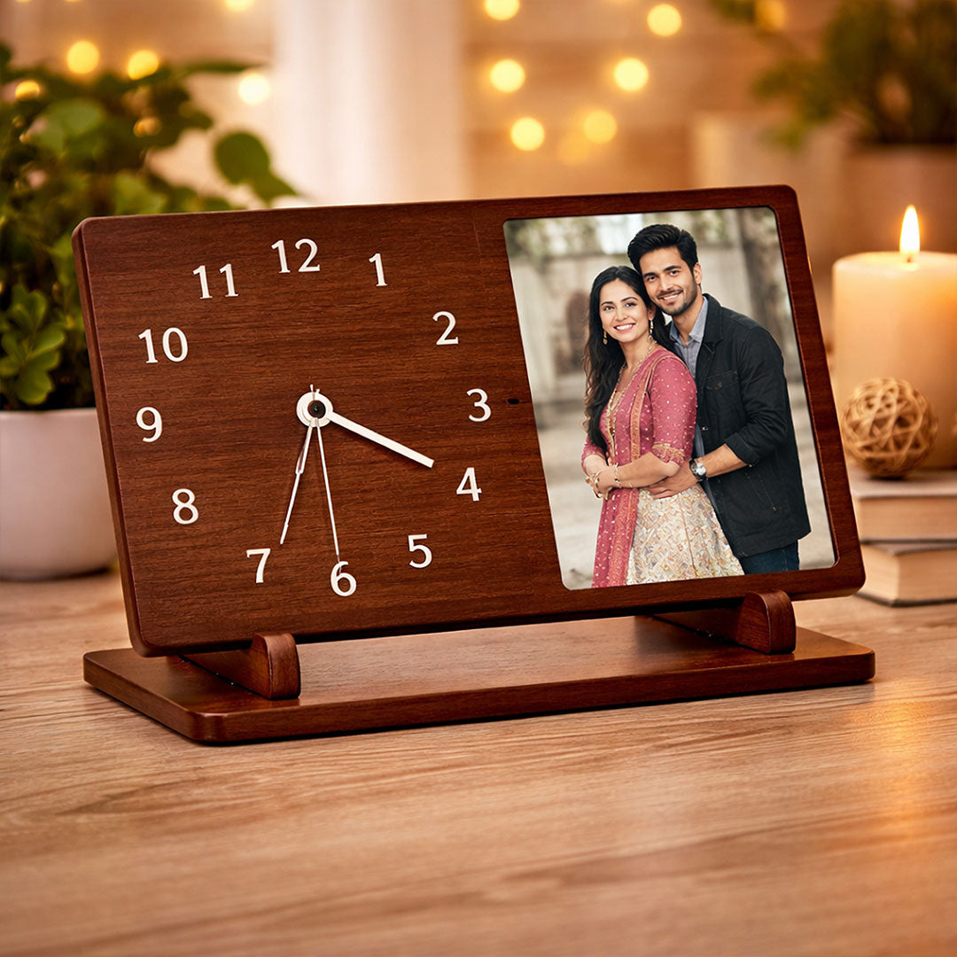 Personalized Wooden Desk Clock with Custom Photo Print (9x5 Inch) Table Top Clock with Photo Frame Gift for Couple, Husband & Wife | Love Craft Gifts