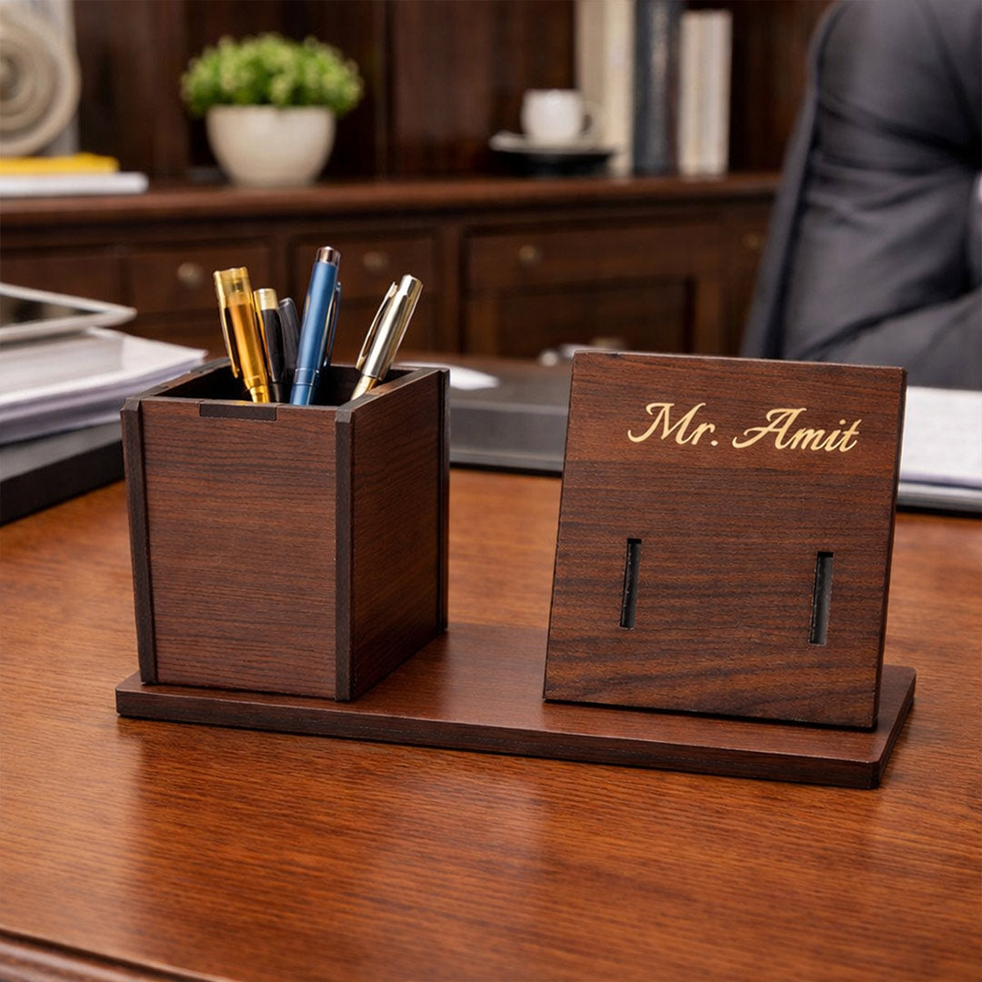 Personalized Wooden Desk Organizer with Name Engraving (7x4 Inch) Custom Pen Holder & Mobile Stand Gift for Boss, Husband & Professionals | Love Craft Gifts