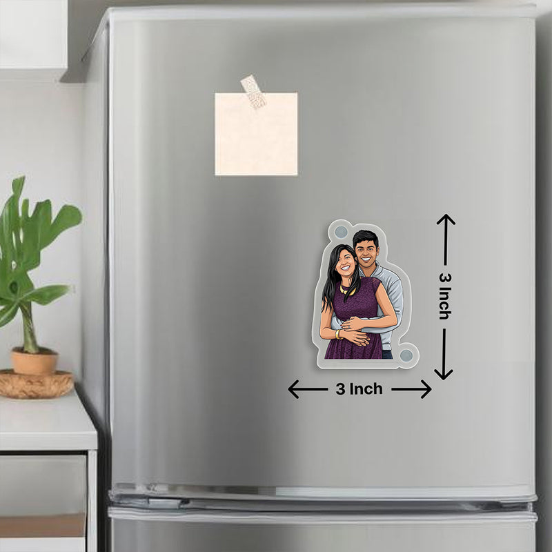 Personalized Acrylic Photo Fridge Magnet with Custom Cartoon Photo Print (3x3 Inch) Cute Refrigerator Magnet Gift for Couple, Husband & Wife | Love Craft Gifts