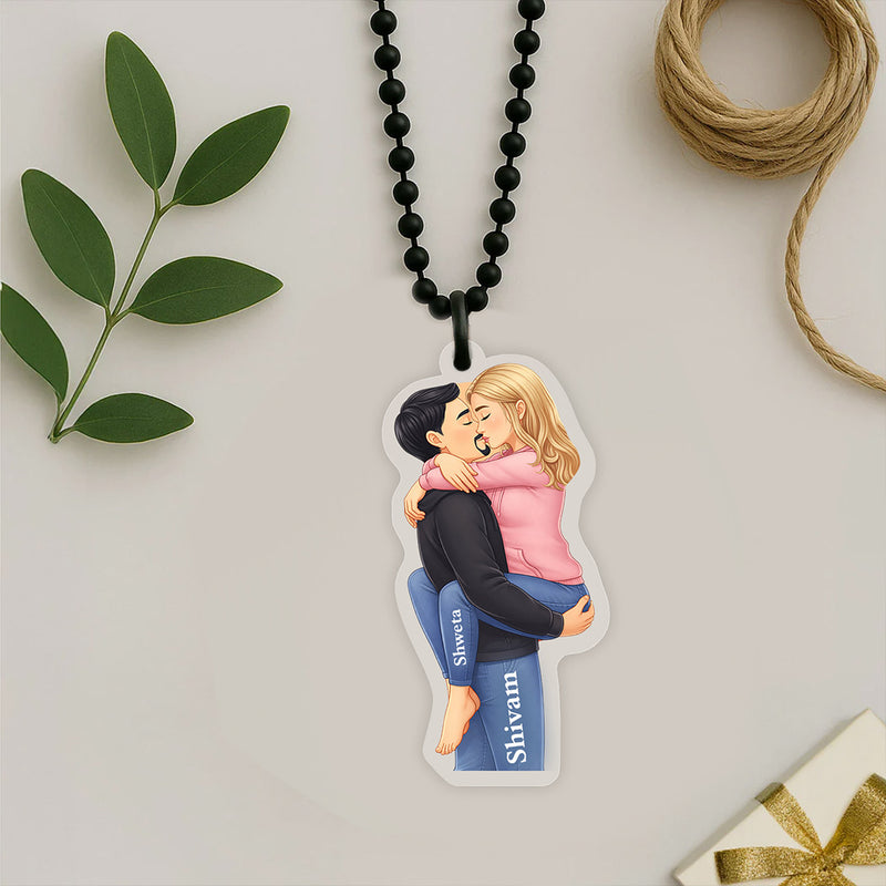 Personalized Couple Car Hanging with Cartoon Photo & Name Custom Acrylic Romantic Car Charm (3x2 Inch) Gift for Girlfriend, Boyfriend & Husband | Love Craft Gifts