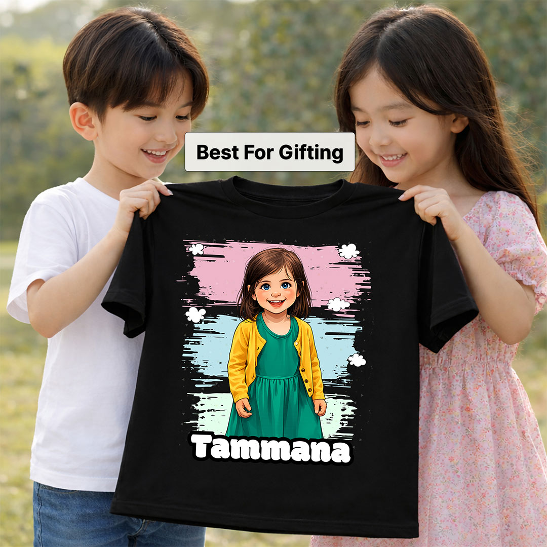Personalized Cute Girl Photo T-Shirt – Custom Name & Picture Printed Black Tee for Girls | Love Craft Gifts