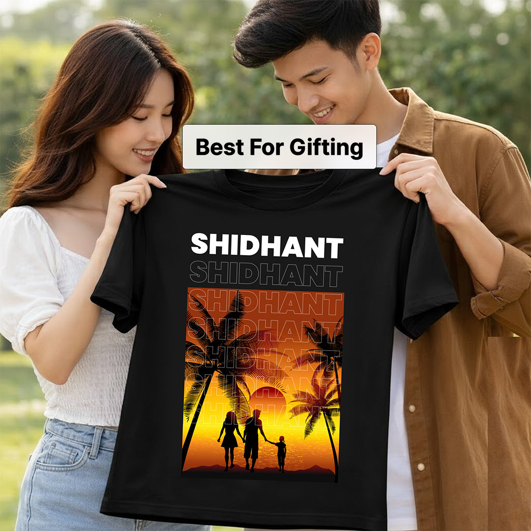 Personalized Sunset Family Silhouette Black T-Shirt – Custom Name Printed | Love Craft Gifts