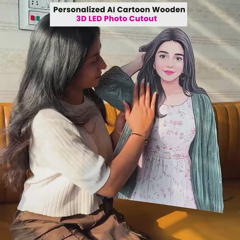 Personalized AI Cartoon Wooden 3D LED Photo Cutout Gift for Her (20x24")