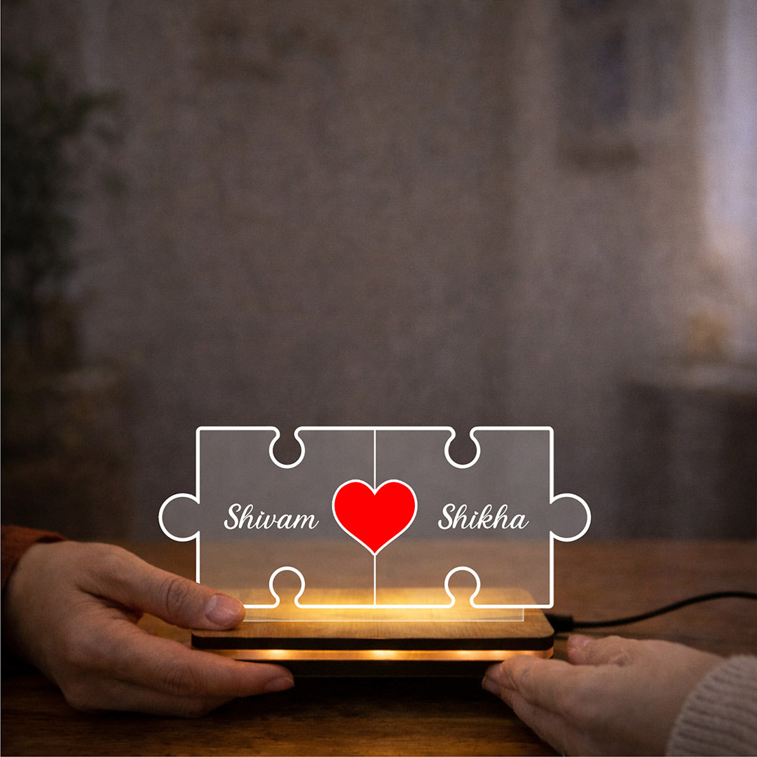 Personalized Puzzle Acrylic LED Lamp Custom Name Couple Gift 6x3 Inch | Love Craft Gifts