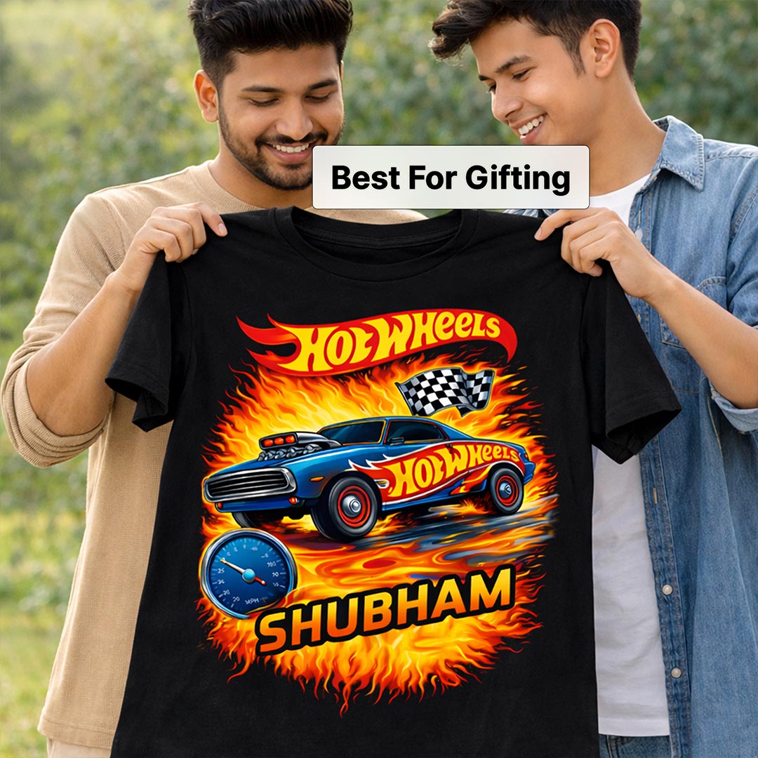 Personalized Hot Wheels Racing Car Name Print Black T-Shirt – Unisex Casual Wear | Love Craft Gifts