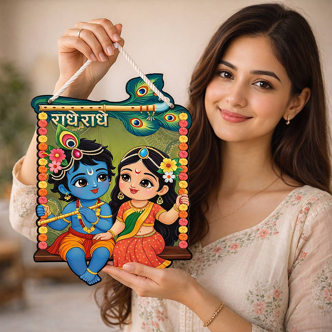 Radha Krishna Cartoon Wall Hanging Frame – Devotional Home Décor (6x6 Inch) | Love Craft Gifts