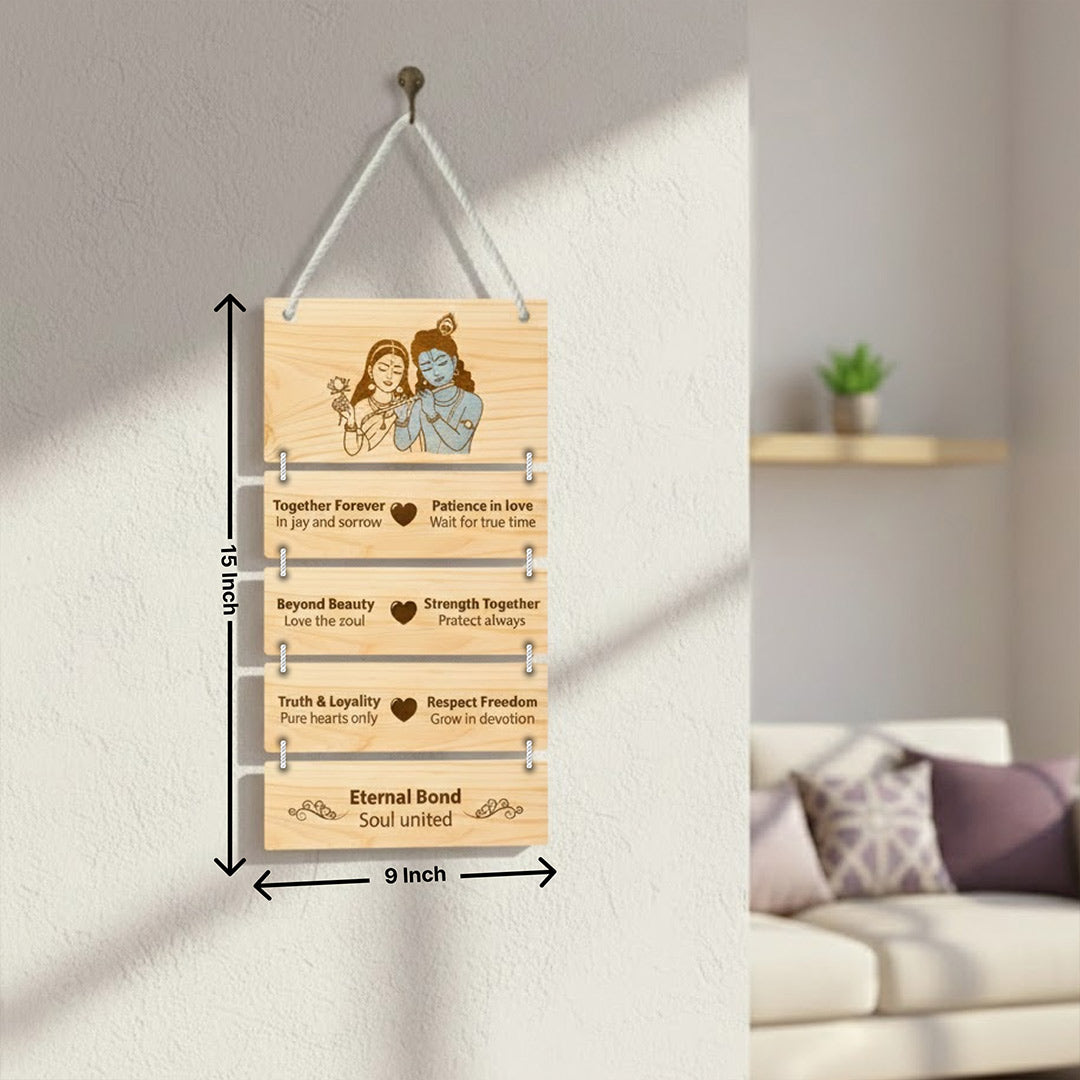 Radha Krishna Pine Wood Hanging Wall Decor – Eternal Love Quote Frame (15 x 9 Inch) | Love Craft Gifts
