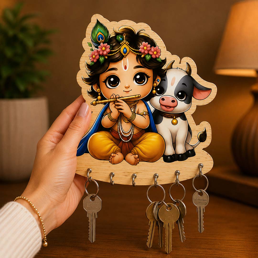 Bal Krishna with Cow Wooden Key Holder 6x8" | Cute Lord Krishna Flute Wall Key Organizer | Love Craft Gifts™