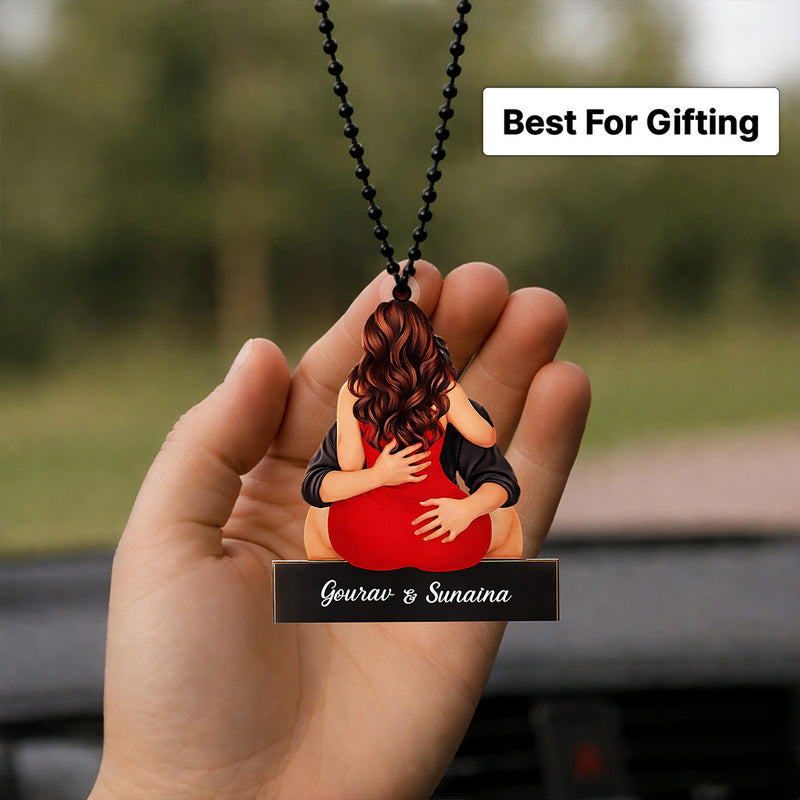 Personalized Couple Hug Car Hanging Photo Frame with Name Custom Acrylic Rear View Mirror Hanging Gift (2x2.5 Inch) Romantic Gift for Husband, Wife & Girlfriend | Love Craft Gifts