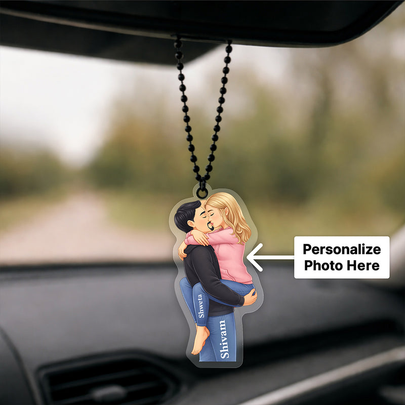 Personalized Couple Car Hanging with Cartoon Photo & Name Custom Acrylic Romantic Car Charm (3x2 Inch) Gift for Girlfriend, Boyfriend & Husband | Love Craft Gifts