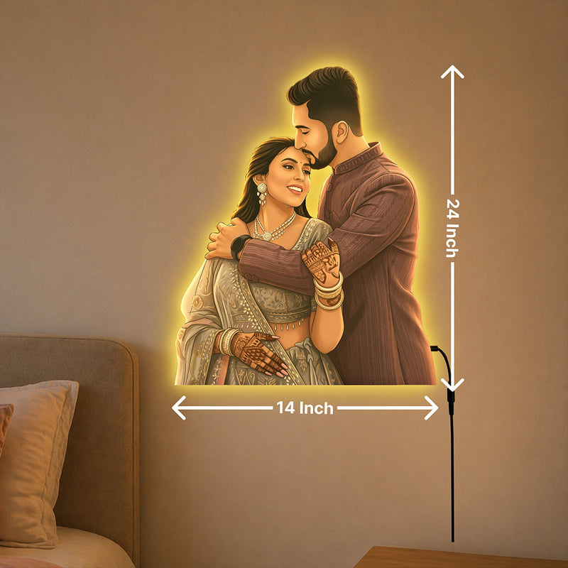 Personalized AI Cartoon Wooden 3D LED Photo Cutout Gift for Couple (14 x 24 Inch) – Custom Wedding Photo LED Lamp for Anniversary, Bride & Groom Gifts | Love Craft Gifts™