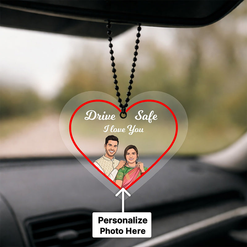Personalized Heart Shape Car Hanging with Photo & Name Custom Acrylic Couple Charm (2.5x2.5 Inch) Drive Safe Gift for Husband, Boyfriend & Couple | Love Craft Gifts