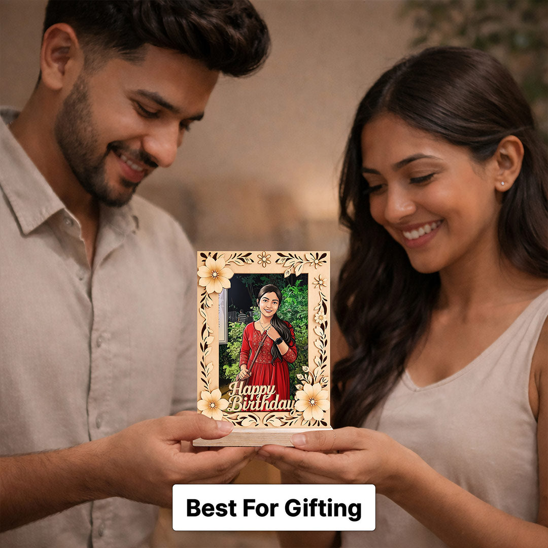 Personalized Birthday Wooden Photo Frame with Floral Design (6x8 Inch) Custom Photo Cartoon Table Top Décor Gift for Girls, Wife & Girlfriend | Love Craft Gifts