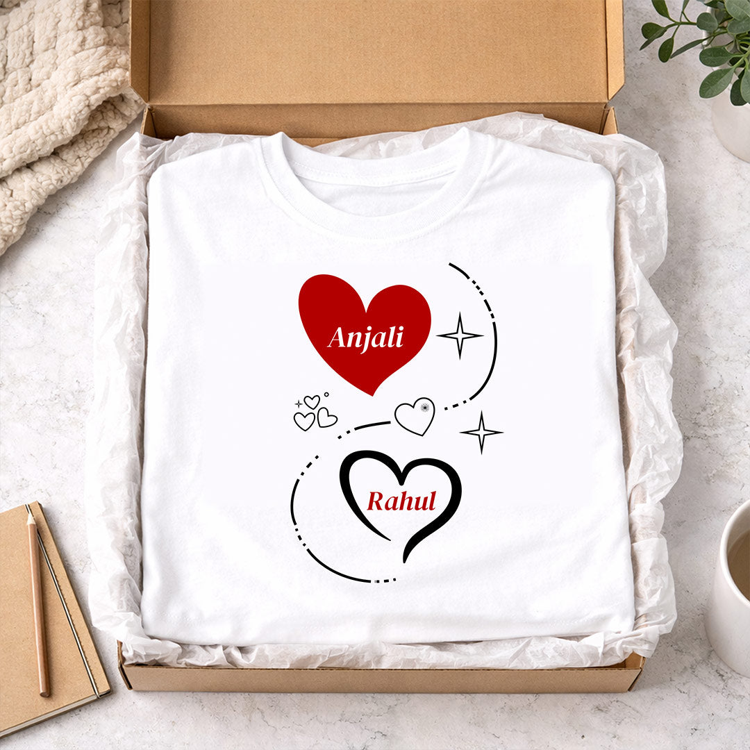 Personalized Couple Heart Name Print White T-Shirt – Unisex Casual Wear | Love Craft Gifts