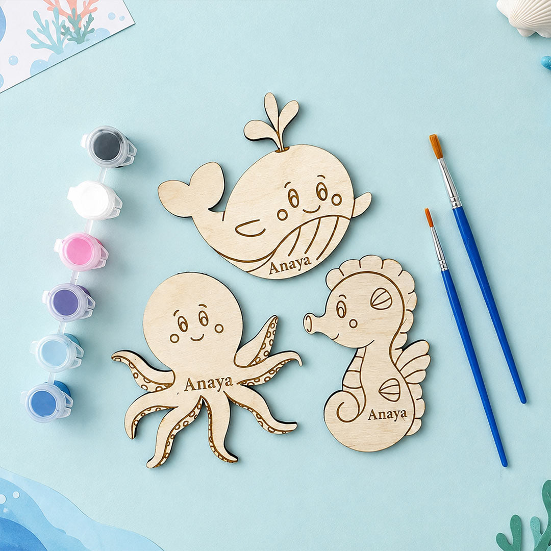 Personalized DIY Sea Animals Painting Kit for Kids 3" | Wooden Ocean Animals Art & Craft Set | Creative Gift for Kids | Love Craft Gifts™