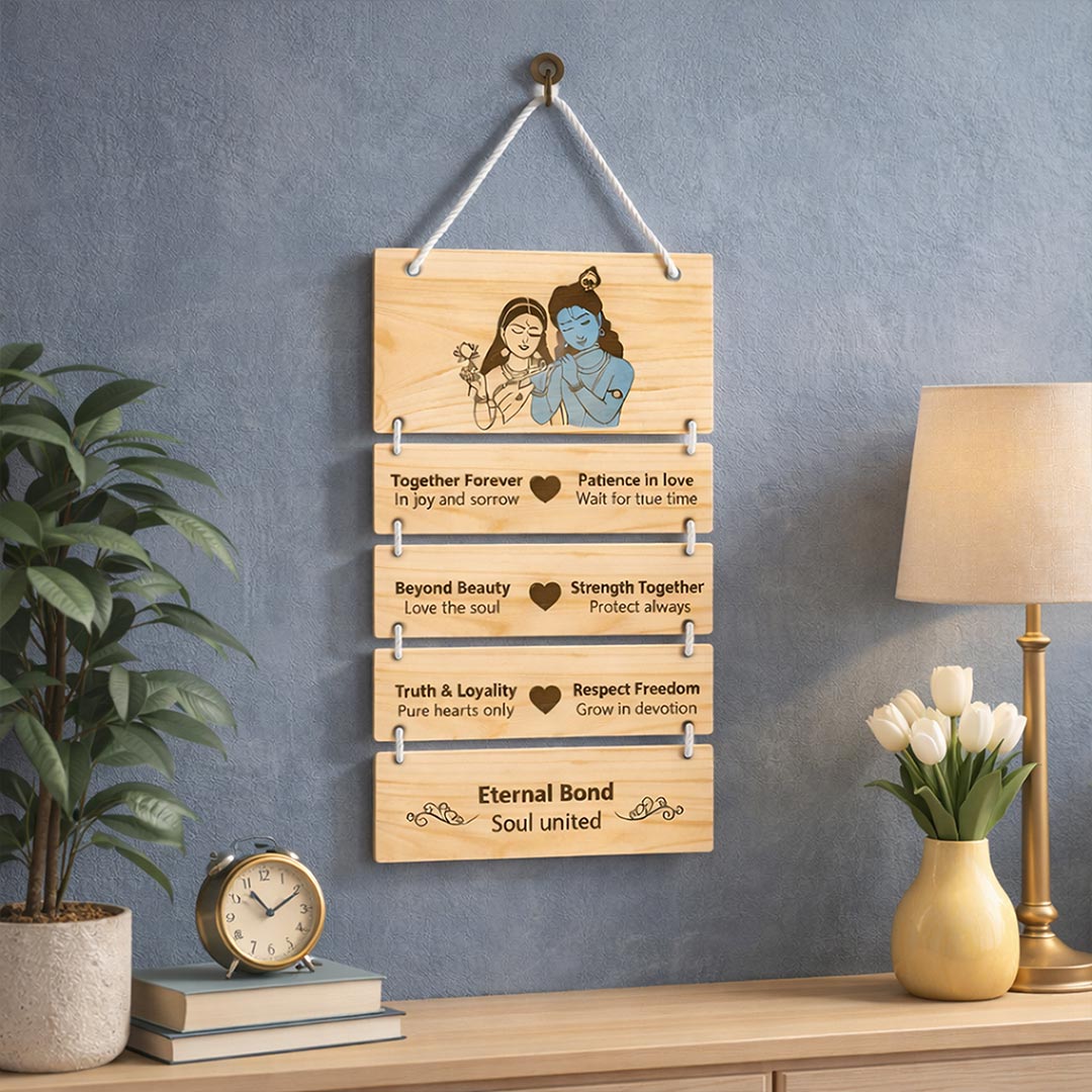 Radha Krishna Pine Wood Hanging Wall Decor – Eternal Love Quote Frame (15 x 9 Inch) | Love Craft Gifts