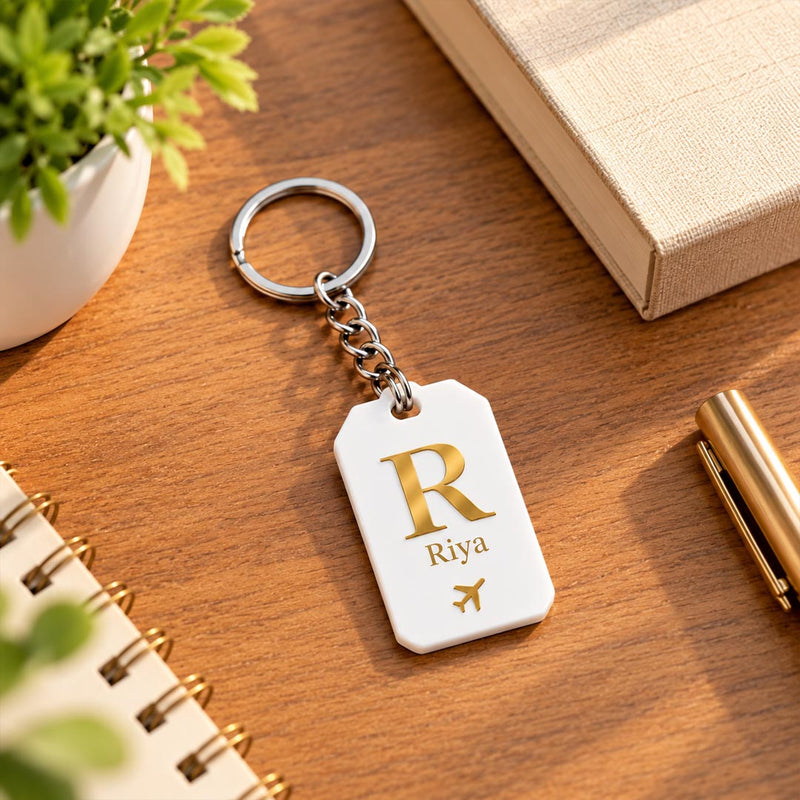 Personalized Acrylic Name Keychain 2x3" | Custom Initial Travel Keyring with Airplane Design | Love Craft Gifts™