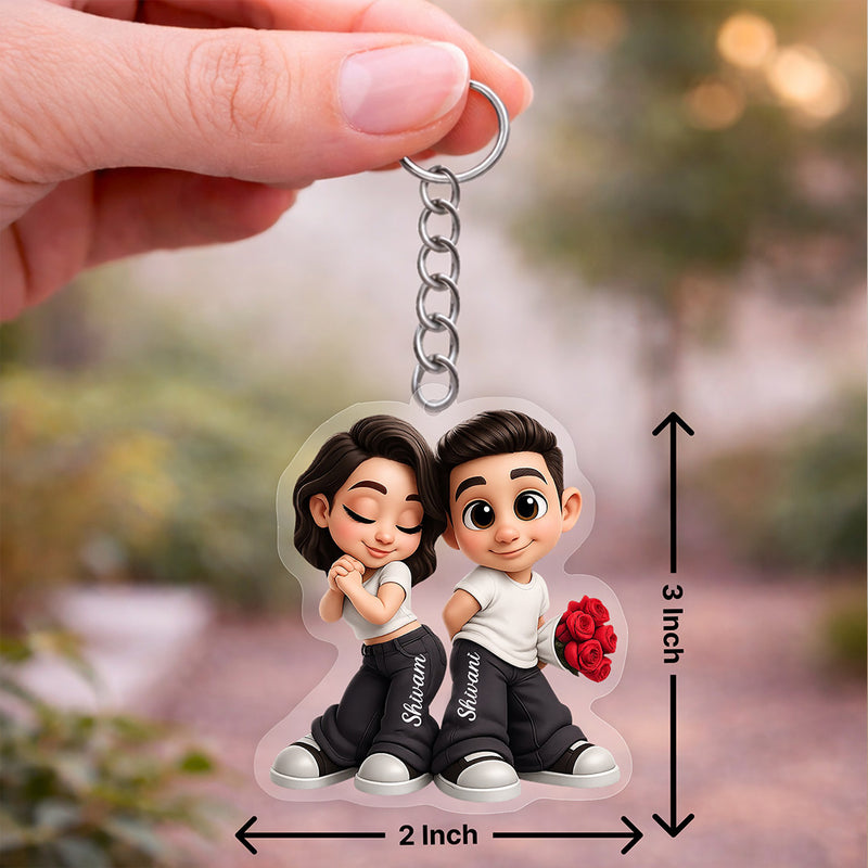 Personalized Cute Couple Cartoon Keychain – Custom Name Acrylic Keyring Gift for Boyfriend, Girlfriend & Couples | Romantic Mini Gift | Love Craft Gifts