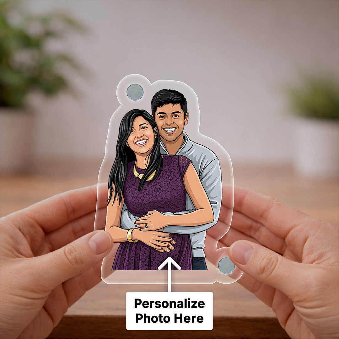 Personalized Acrylic Photo Fridge Magnet with Custom Cartoon Photo Print (3x3 Inch) Cute Refrigerator Magnet Gift for Couple, Husband & Wife | Love Craft Gifts