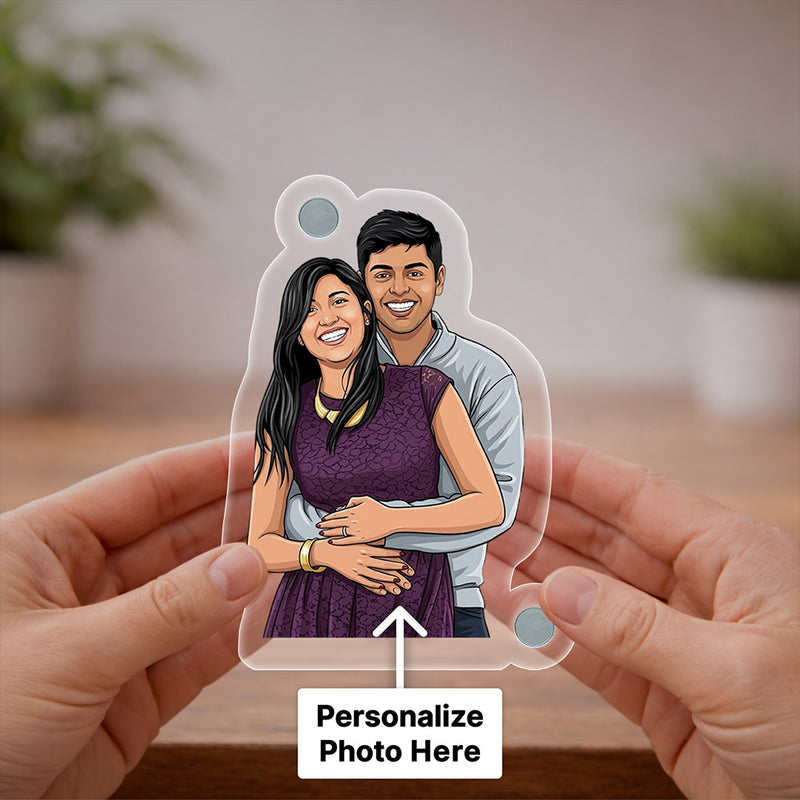 Personalized Acrylic Photo Fridge Magnet with Custom Cartoon Photo Print (3x3 Inch) Cute Refrigerator Magnet Gift for Couple, Husband & Wife | Love Craft Gifts