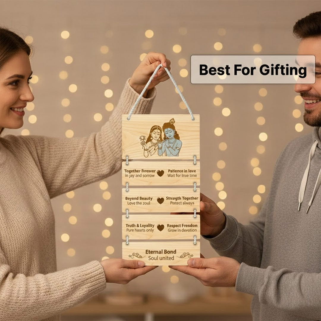 Radha Krishna Pine Wood Hanging Wall Decor – Eternal Love Quote Frame (15 x 9 Inch) | Love Craft Gifts