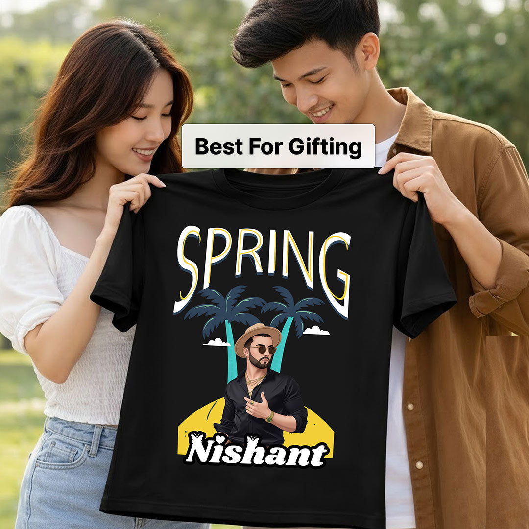 Personalized Spring Cartoon Portrait Black T-Shirt – Custom Name Print | Love Craft Gifts