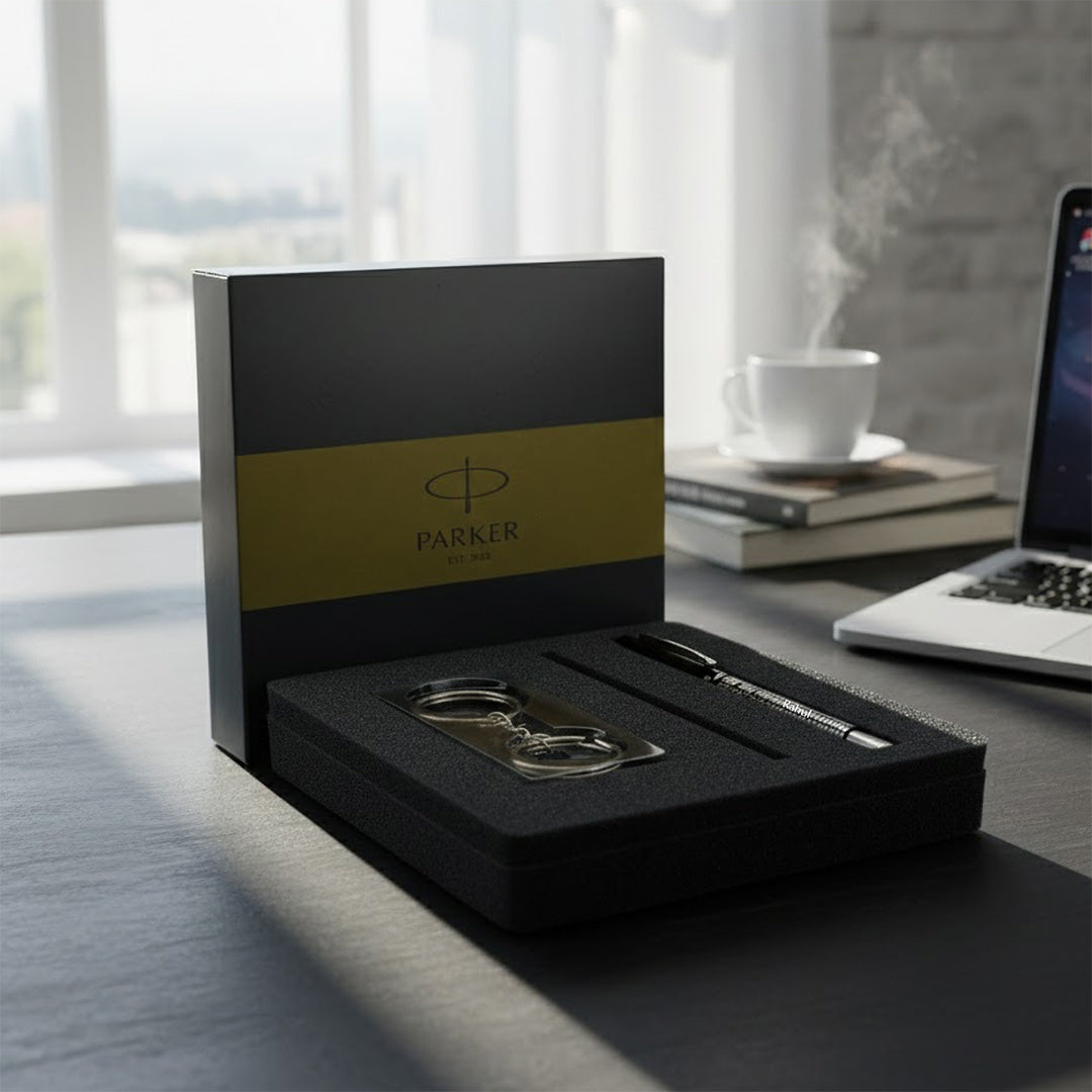 Parker Vector Gift Set Roller Ball Pen with Logo Round Key Chain – Premium Writing Gift Set | Love Craft Gifts