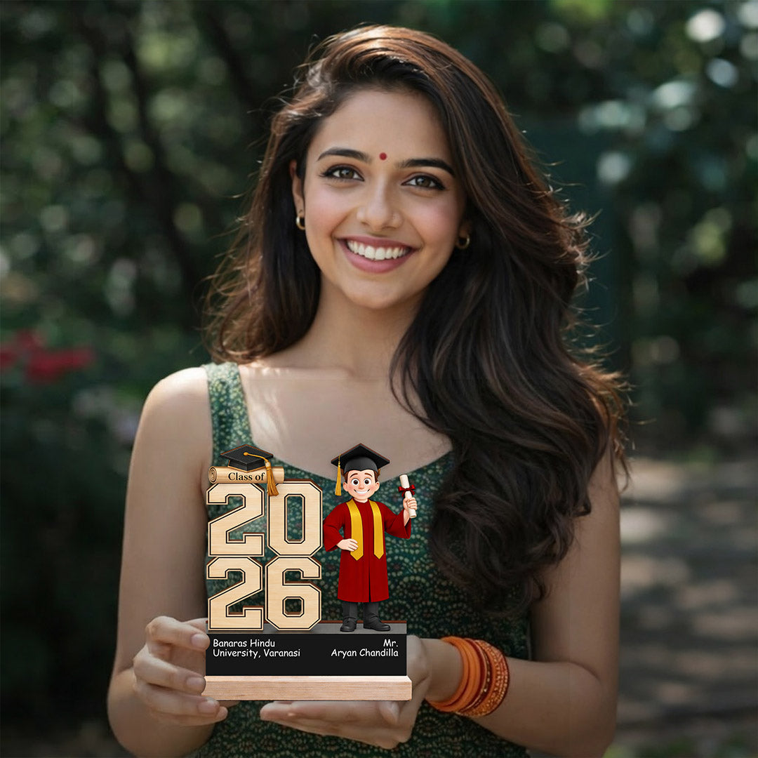 Personalized Graduation Wooden Table Stand (Class of 2026) – Custom Name & College Graduation Gift for Students, Boys & Friends (6x6 Inch) | Love Craft Gifts