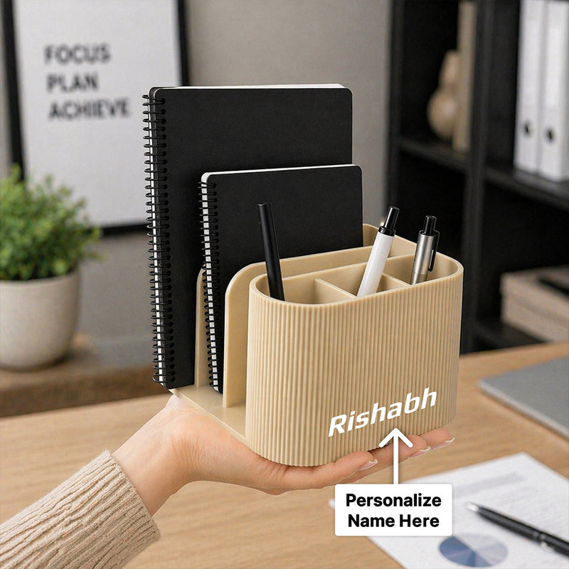 Personalized Desk Organizer with Notebook Holder – Custom Name Multi-Section Pen Stand & Stationery Storage | Office & Study Table Organizer | Love Craft Gifts