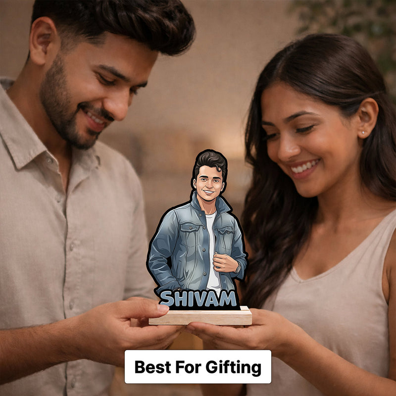 Personalized Cartoon Photo Wooden Table Stand with Name (8 Inch) Custom Portrait Desk Décor Gift for Boyfriend, Husband & Friends | Love Craft Gifts