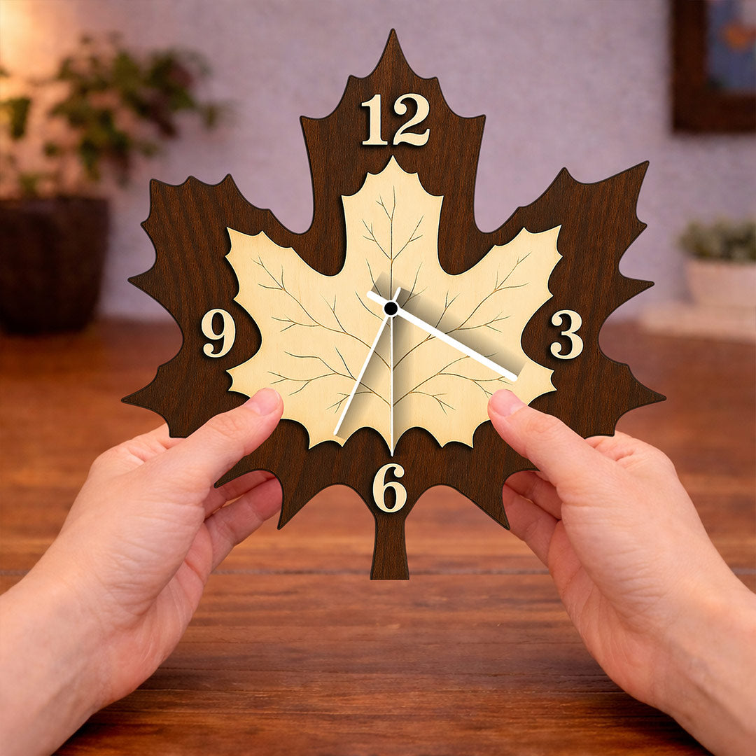 Elegant Maple Leaf Wooden Wall Clock (10x11 Inch) – Premium Decorative Home Clock Gift | Love Craft Gifts™