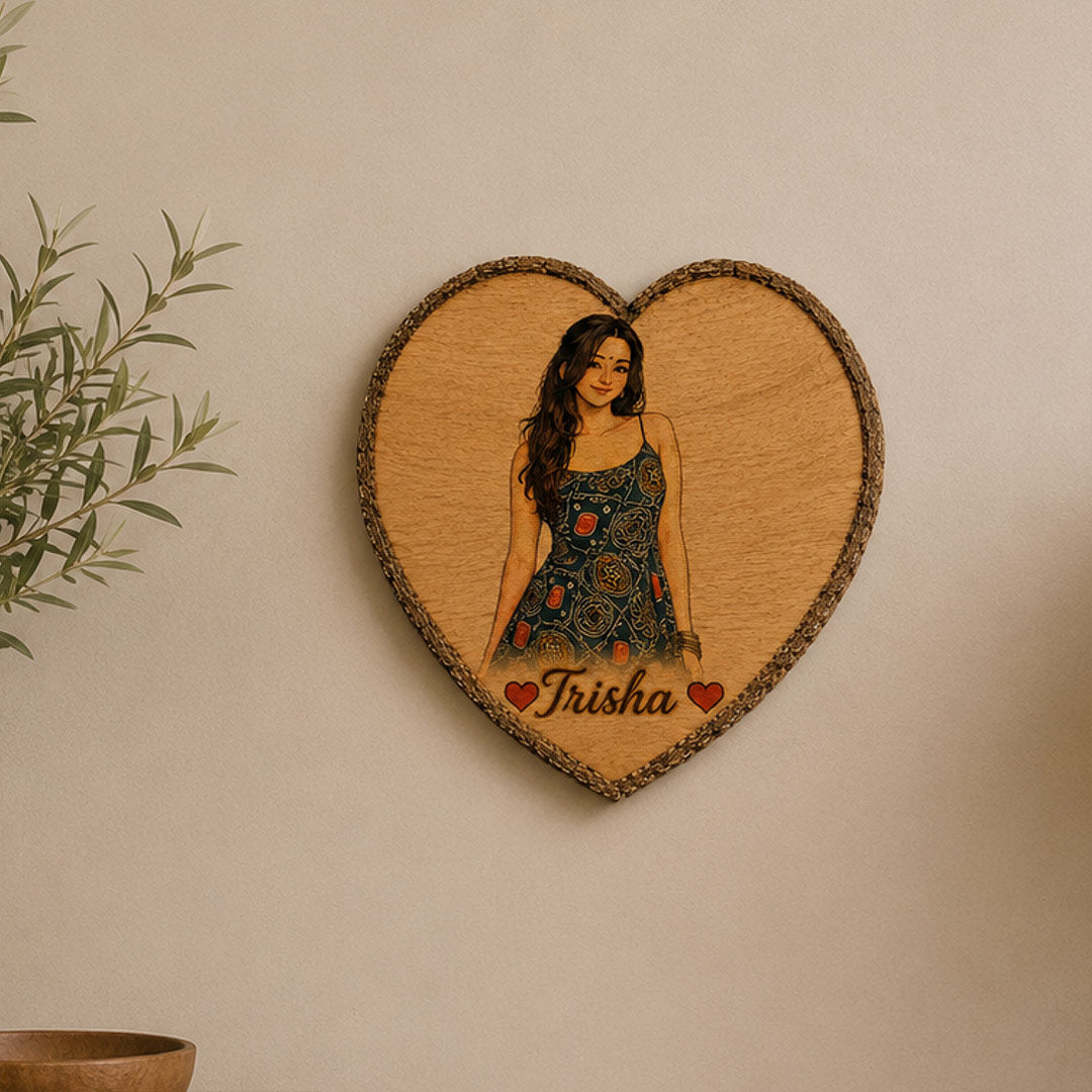 Personalized Wooden Heart Slice Girl Portrait Art | Personalized Wall Décor Gift for Daughter, Sister, Friend & Her | 7x7" | Love Craft Gifts™
