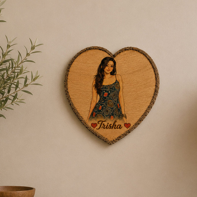 Personalized Wooden Heart Slice Girl Portrait Art | Personalized Wall Décor Gift for Daughter, Sister, Friend & Her | 7x7" | Love Craft Gifts™