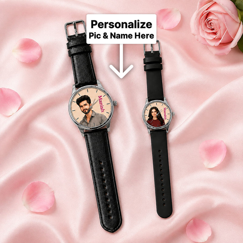 Personalized Couple Photo & Name Watch Set with Black Straps | Custom His & Her Watches | Matching Couple Gift | Love Craft Gifts™