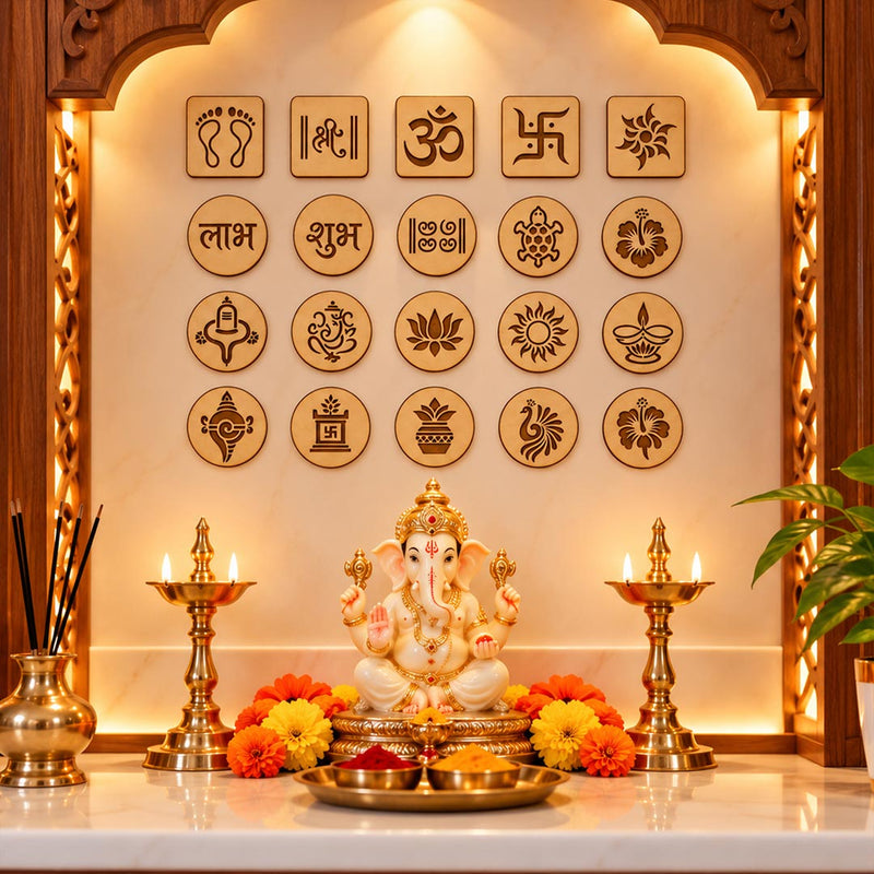 Auspicious Symbols Decor Set 3x3" | Om, Swastik, Shubh Labh, Lakshmi Charan, Ganesha, Lotus, Diya & Traditional Pooja Decor | Love Craft Gifts™